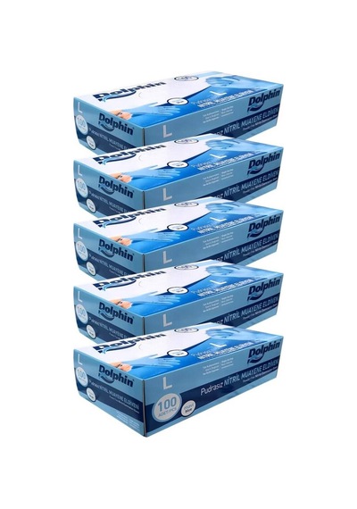 Dolphin Tek Kullanımlık Lateks Mavi Pudrasız Nitril Muayne Eldiveni Large Büyük Boy 100'lü 5 Paket
