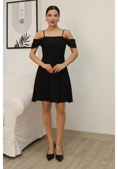 Lodmela Drape Detaylı Askılı Midi Elbise 2380-siyah Siyah