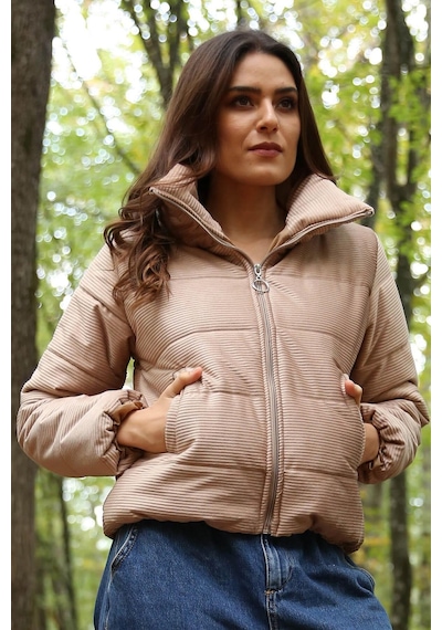Dip Moda Kadın Yüksek Yaka Cepli Kışlık Kadife Mont Dpnb7154 Bej