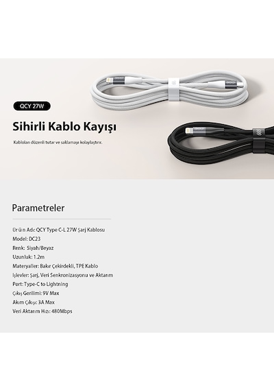 27w Type-c To Lightning Şarj Kablosu 1.2 Metre Halat Örgü 480mbps Kırılmaz Data Kablosu Dc23 Siyah