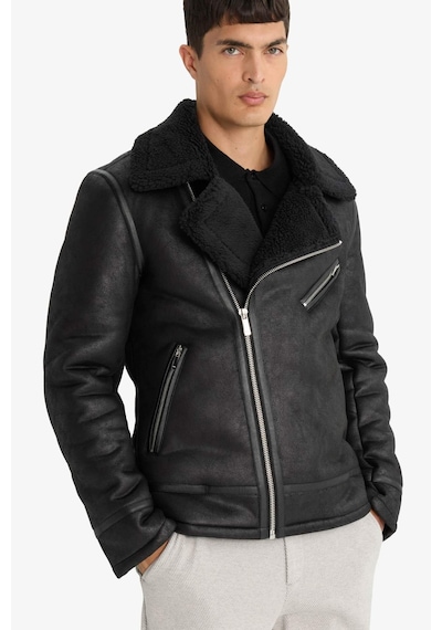 Defacto Slim Fit Dar Kesim Suni Kürk Astarlı Fermuarlı Cepli Süet Deri Kışlık Ceket Mont C5636ax25wnbk27 Siyah-bk27