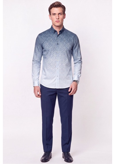 Slim Fit Düğme Yaka Desenli Mavi Gömlek G 1611