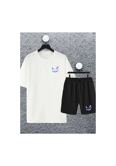 Tarzsokak Unisex Kadın Erkek Renkli Gülen Yüz Baskılı Oversize Tshirt Ve Şort Eşofman Takımı Beyaz