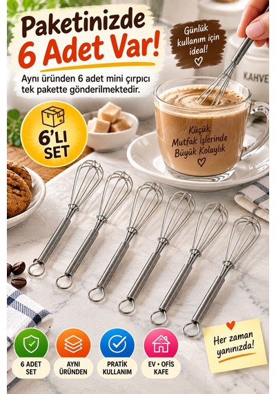6'lı Mini Çırpıcı Seti 13 Cm Paslanmaz Çelik Çay Kahve Yumurta Sos Karıştırıcı Yaylı Mutfak Çırpıcı Gümüş