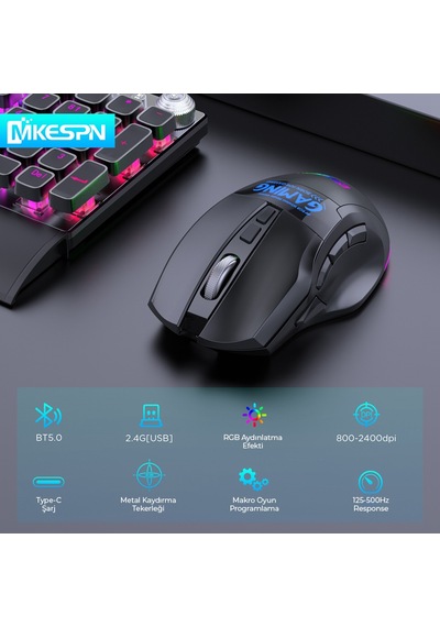 Mkespn W10 Dual Mode Rgb Gaming Mouse 2.4 Ghz Bluetooth 2400 Dpı 9 Tuş Makro 500hz Siyah Diğer