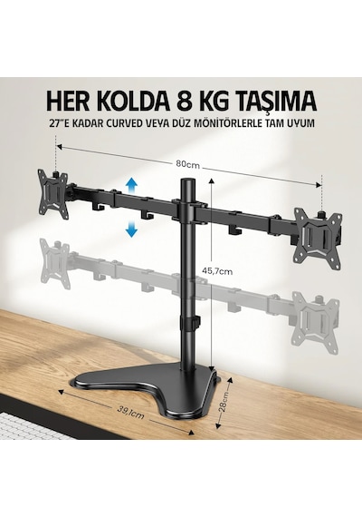 Ergoflex EF42 Steel Design 2-8 kg Çift Kol Asansörlü 13"-27" Desktop Monitör Standı