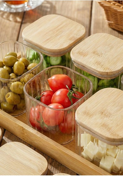 Cam Kahvaltı Takımı -bambu Kare Kahvaltılık 13 Parça, Çizgili Şeffaf