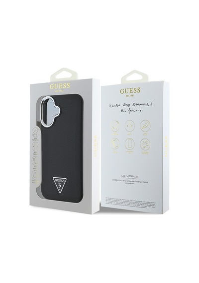 Apple Uyumlu iPhone 16 Kılıf Guess Lisanslı Magsafe Şarj Özellikli Grained Triangle Kapak Siyah