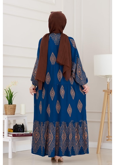 Sevitli Yarım Düğmeli Robalı Hira Elbise-indigo-4939 İndigo