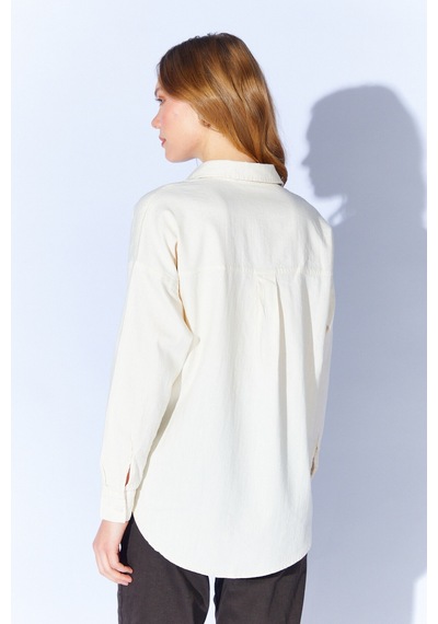 Manche Ekru Broş Detaylı Oversize Tek Cepli Gabardin Gömlek Mkw168174-01