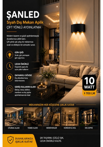Dekoratif 10w Çift Yönlü Iç-dış Mekan Siyah Kasa Gün Işığı Duvar Aplik-2 Adet
