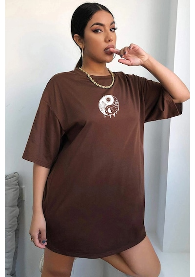 Flood Of Style Unisex Yin & Yang Baskılı T-shirt Kahverengi