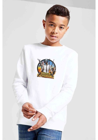 Tshirthane Pubg Baskılı Unisex Çocuk Beyaz Sweatshirt (534754705) Beyaz