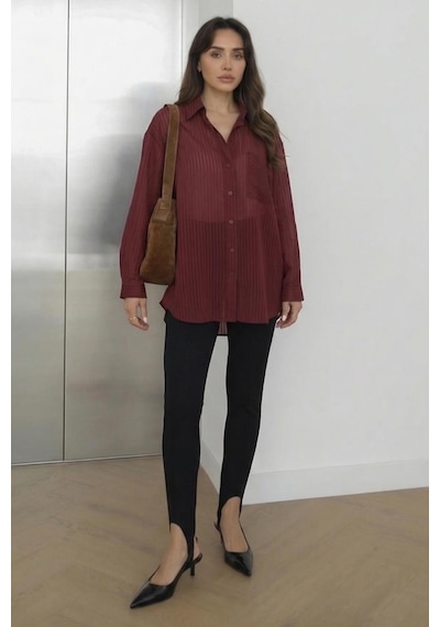 Lijuri Bordo Çizgili Transparan Oversize Gömlek 3515