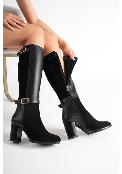 Analin Shoes Kadın Hakiki Deri Ve Süet Detaylı Çift Kemer Tokalı Topuklu Çizme Siyah