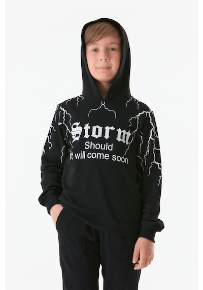 Fullamoda Baskılı Kapüşonlu Erkek Çocuk Sweatshirt 25kcck1303206202-siyah 25KCCK1303206202-Siyah