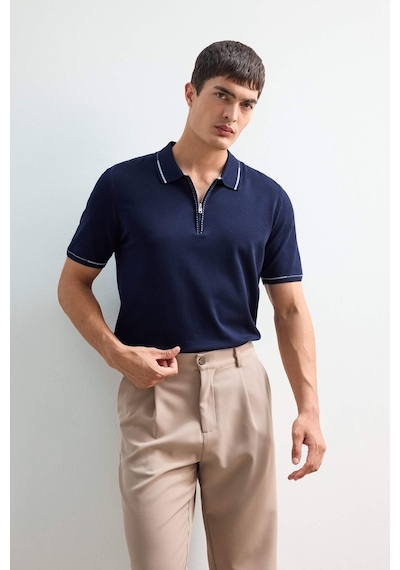Defacto Standart Fit Polo Yaka Fermuarlı Triko Kısa Kollu Tişört D6199AX24HS Lacivert