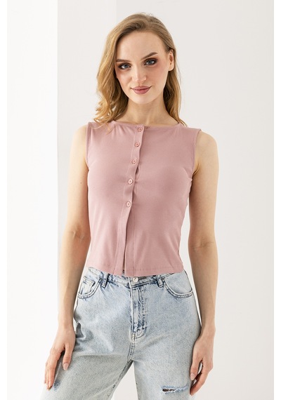 Giysa Kadın Bisiklet Yaka Düğmeli Fitilli Body Pembe - 25y 2457 Şeker Pembe
