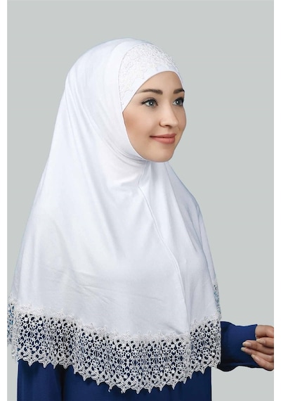 Altobeh İkili Set Dantelli Pratik Eşarp Hazır Hijab Ve Tesettür Bonesi Xl Beyaz