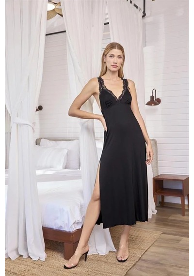 Ang Butik Kadın Dantelli Ve Dekolteli Yırtmaçlı Gecelik Siyah