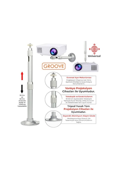 Vankyo Groove 30-60cm Alüminyum Projeksiyon Cihazı Tavan Askı Aparatı Duvar Bağlantı Aparatı Universal Projector Beyaz 360 Dönebilen Tripod Yuvalı
