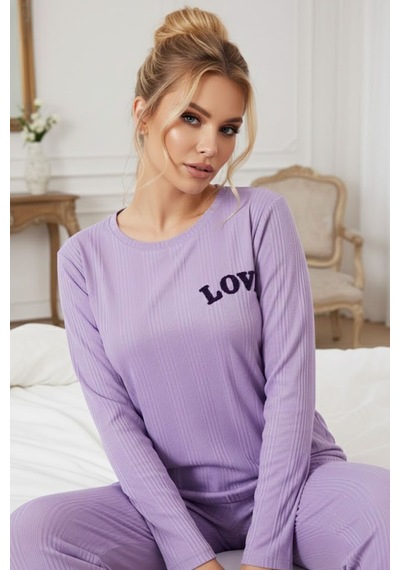 Siyah İnci Love Nakışlı Fitilli Örme Pijama Takım25226001 Lila