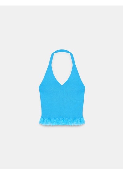 Dilvin 10868 Dantel Detaylı Halter Yaka Triko Bluz-turkuaz