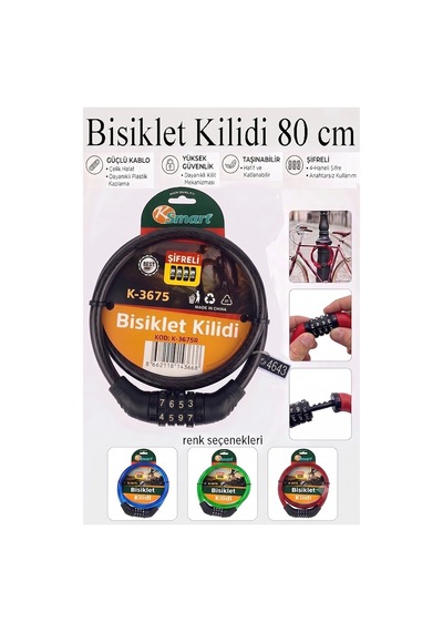 Şifreli Bisiklet Kilidi 80 Cm 1 Adet K-3675 Çelik Halat Plastik Kaplamalı Bisiklet Kiliti Scooter Kapı Şifreli Kilit Siyah