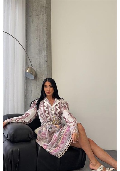 Neşeli Butik Kadın Pembe Kemer Detaylı Mini Boy Tasarım Elbise Nbms25111 Pembe