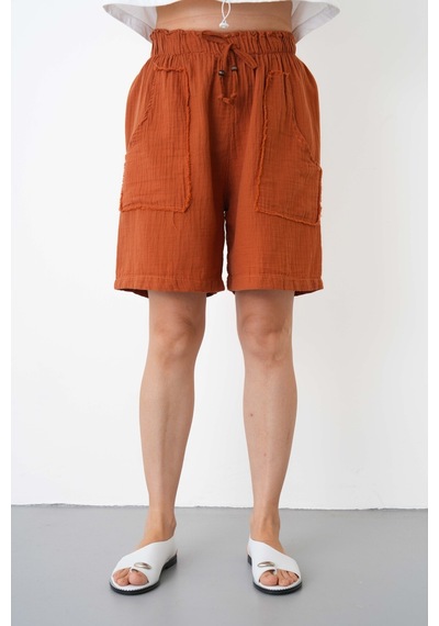 The Voler Müslin Şort Kadın Yüksek Bel Oversize Rahat Kesim Cepli %100 Pamuklu Yazlık Şort Kiremit The Voler Müslin Şort Kadın Yüksek Bel Oversize Rahat Kesim Cepli %100 Pamuklu Yazlık Şort Kiremit