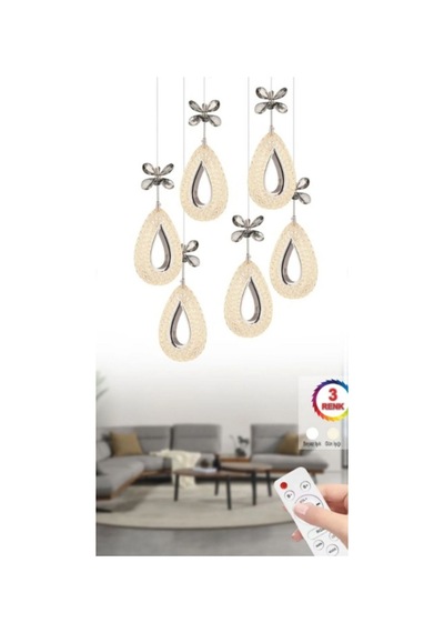 Damla 6 Lı Gümüş 3 Renk Ledli Kumandalı Modern Sarkıt Led Avize