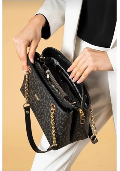 Just Polo Orijinal Kadın 3 Bölmeli Zincir Detaylı Ayarlanabilir Askılı Lüks El & Omuz Çantası Shoulder Bag Siyah