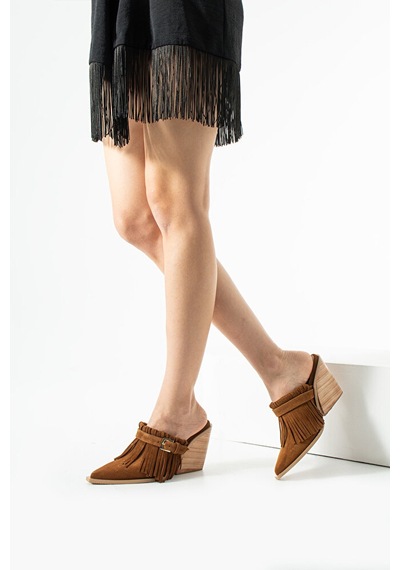 Dericia Shoes Luxe Kadın Hakiki Deri Süet Püskül Detaylı Kovboy Topuklu Terlik Turuncu