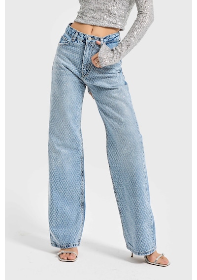 Itsbasic Kadın Kot Rengi Doris T34s527 Parlak Taşlı Tasarım Straight Fit Denim Jean Taşlı Kot Rengi