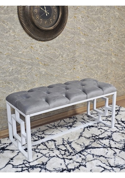 Zafir Beyaz Boyalı İçi Kareli Diktörtgen 100 Cm X 40 Cm Oturak Puf - Bench - Makyaj Oturağı - Oturak Gri