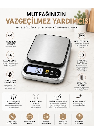 Nvg Dijital Mutfak Terazisi 10 Kg Yüksek Kapasite Hassas Ölçüm Gram Ons Ölçer 0,1g 1g Hassasiyet Tare Dara Fonksiyonlu Gümüş