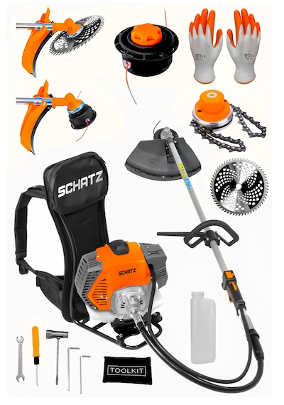 Schatz 5.9 Hp Sırt Tipi Benzinli Motorlu Ot Çalı Çim Biçme Tırpanı 11000rpm Turuncu + Canavar Başlık