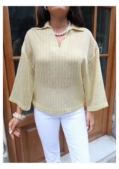 Kechi Woman Çizgili Transparan Kumaş Polo Yaka Bluz Sarı