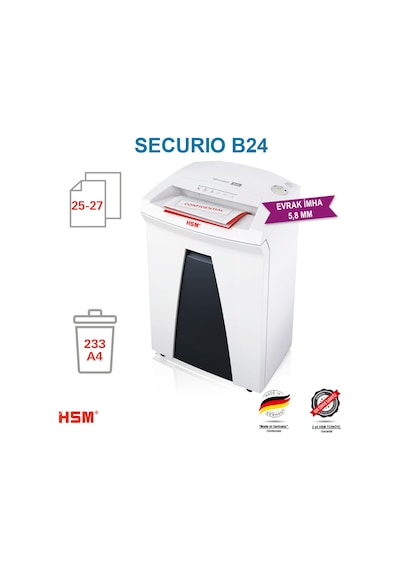 HSM SECURIO B24 - 5,8mm Evrak İmha Makinesi / Kağıt Kırpma Makinesi - CD İmha Makinesi - 35lt