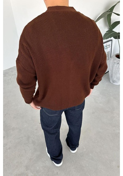 Kahverengi Düğmeli V Yaka Relaxed Triko Hırka Kahverengi
