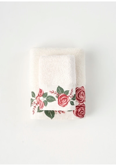Bella Maison %100 Pamuk Rose Baskılı Yüz Havlusu Krem 50x90 Cm Krem 1