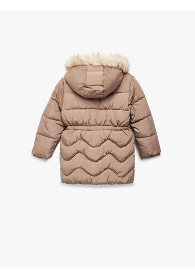 Koton Uzun Kollu Peluş Detaylı Kapşonlu Fermuarlı Şişme Mont Bej 6wkg00021aw Ekru