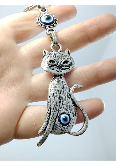Nazar Boncuğu Metal Kedi Anahtarlık/dikiz Ayna Süsü Hediyelik Eşy