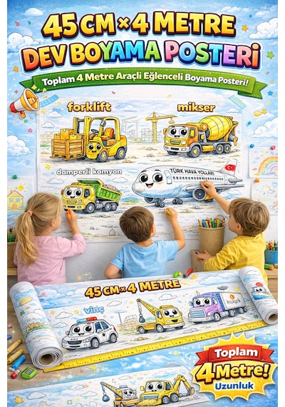 Sevimli Araçlar Boyama Rulosu 4 Metre Uzunluk 45 Cm Genişlik Dev Boyama Kağıdı Çocuklar Için Aktivite Rulosu