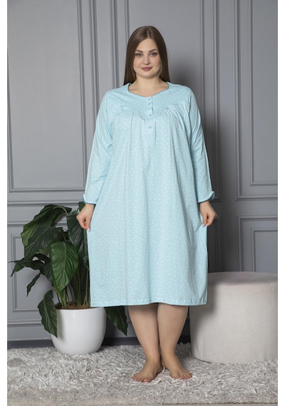 Seboteks %100 Pamuklu Mevsimlik Uzun Kollu Penye Büyük Beden Anne Geceliği 833 Turkuaz