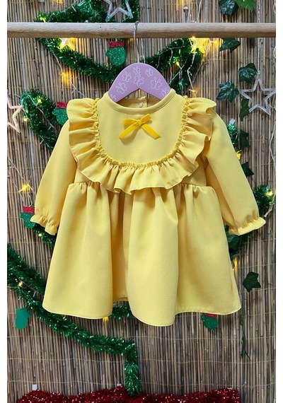 Fırfırlı Sarı Krep Kız Çocuk Bebek Doğum Günü Özel Gün Güneş Elbise 001