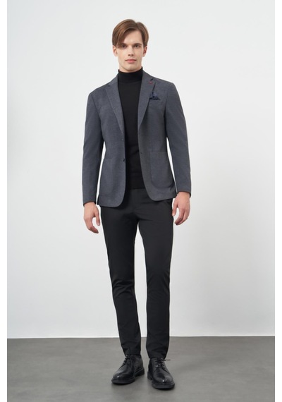 İmza Koyu Lacivert Ekose Desen Örme Mono Yaka Astarsız Çift Yırtmaç 2 Düğme 6 Drop Slim Fit Casual Ceket 1002245152 Koyu Lacivert