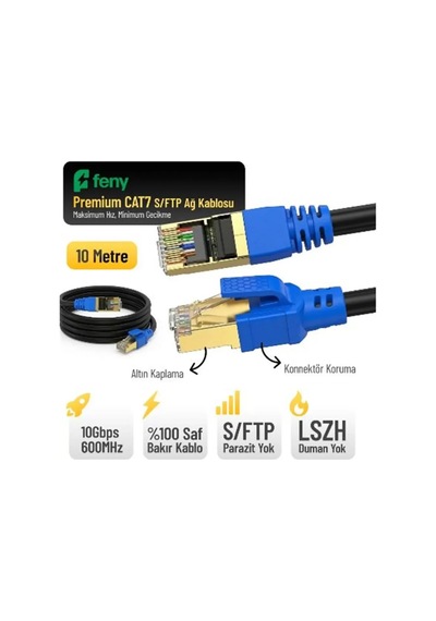 Feny Fn-cat7ls10 10gbps İnternet 60mhz 10 Metre Cat7 Gold Patch Kablo Yanmaz- Yüzde 100 Saf Bakır
