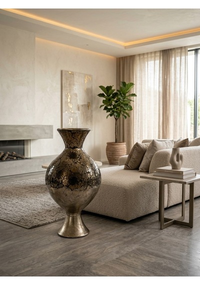 Dekoratif Metalik Ombre Büyük Ayaklı Vazo Lüks Salon Aksesuarı Zemin Süsü 70x33 Cm Gold