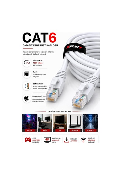Fury Cat6 Ethernet Kablosu 1 Metre Rj45 Lan İnternet Modem Router Bilgisayar Kablosu